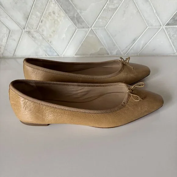 Veronica Beard Size 7 M Catherine Leather Ballet Flat Tan With Bow - Picture 5 of 8